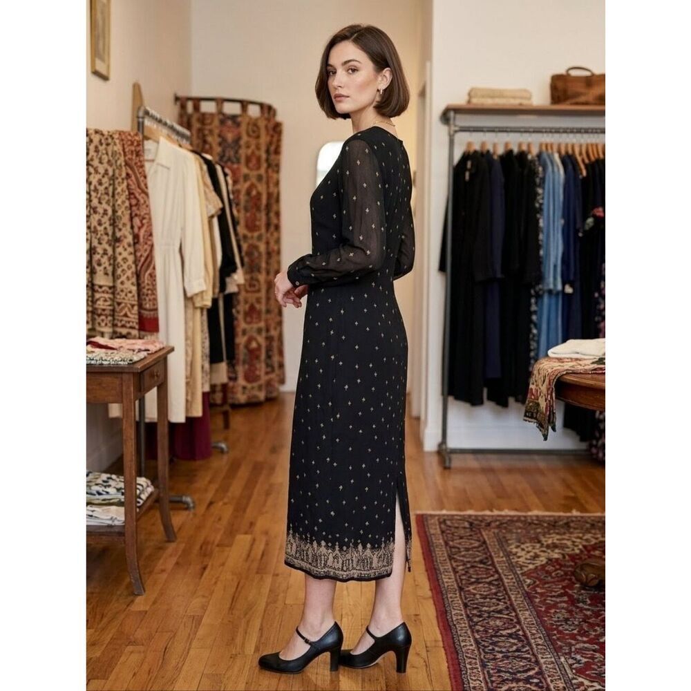 Vintage 90's Indies Black Sheer Sleeve Floral Midi Dress Whimsigoth Boho Size M
